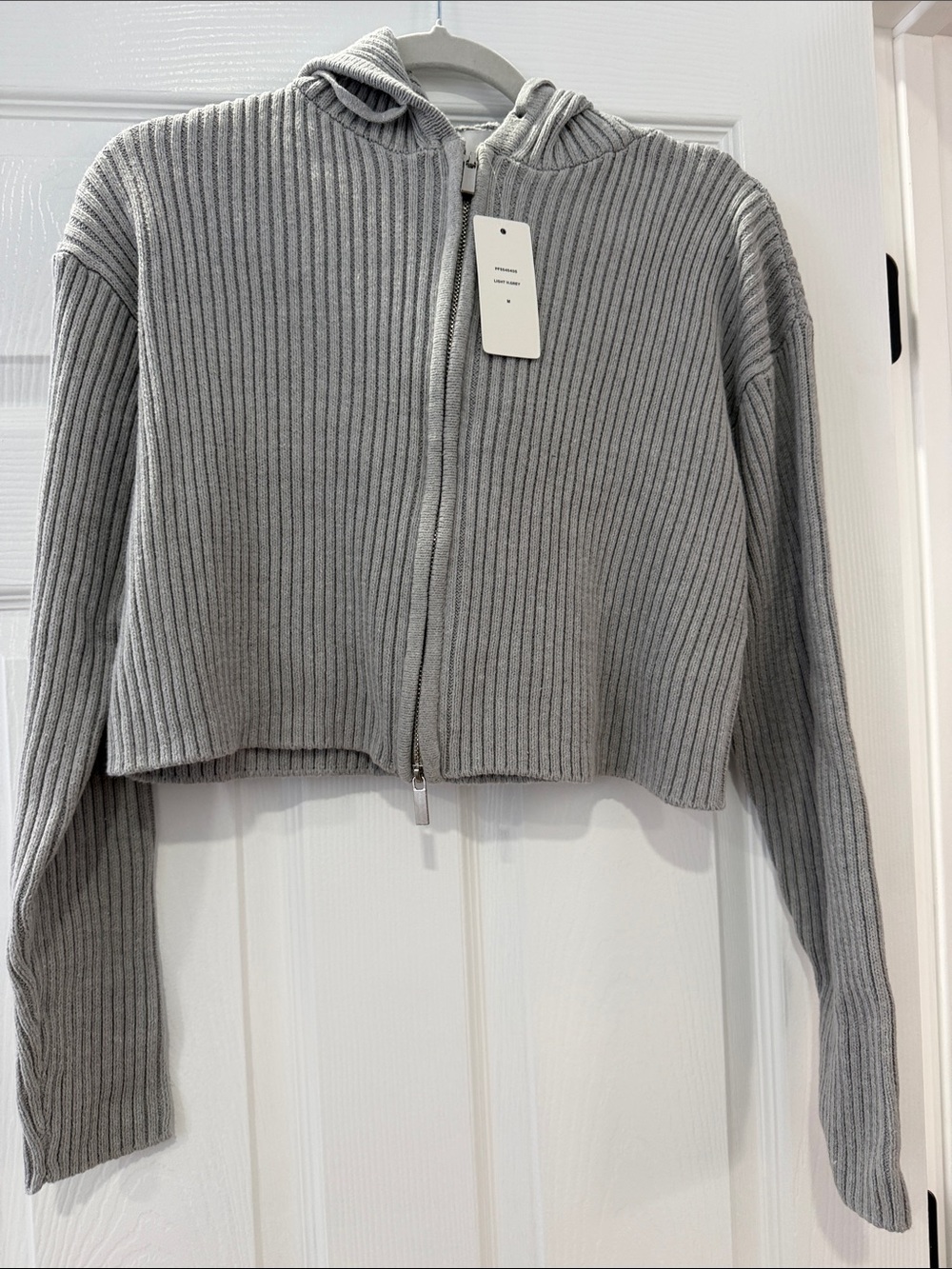 Pink Rose Cropped Ribbed Zip Hoodie Sweater - Light Gray